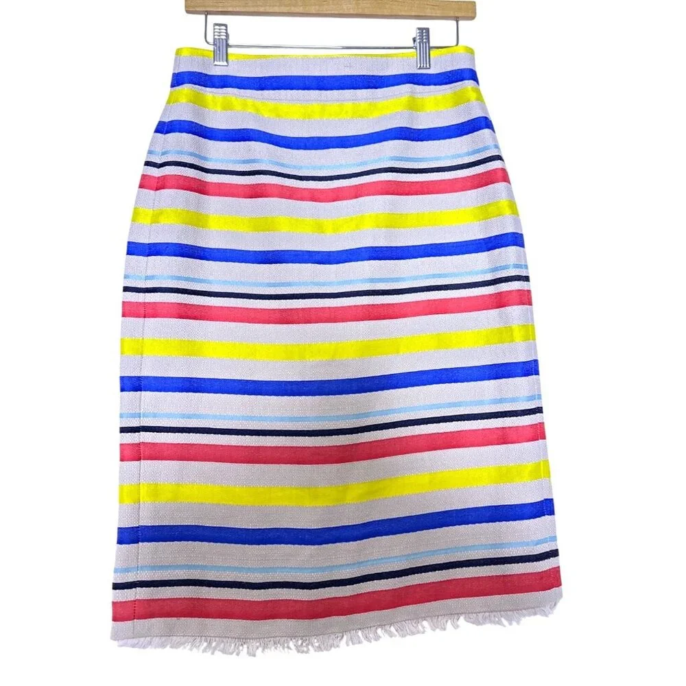 J‎ Crew Striped Cotton Pencil Skirt With Fringe Hem Size 4 Preppy Primary Colors